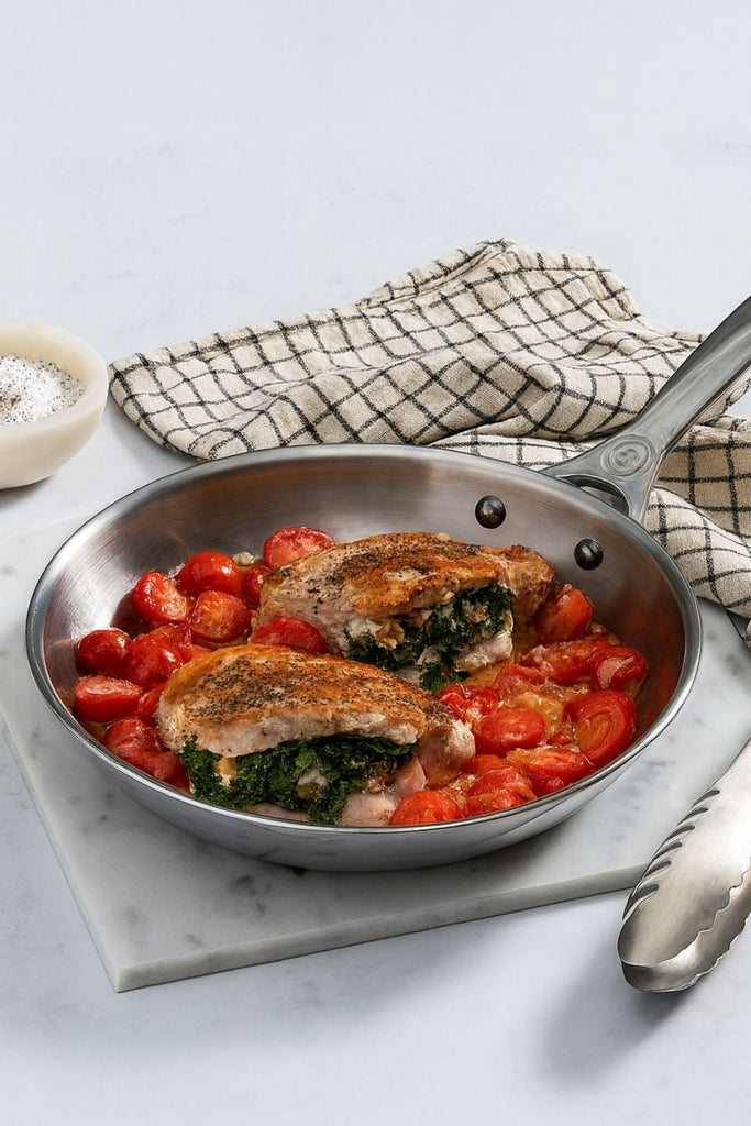 Chuletas de cerdo rellenas de queso de cabra y col kale