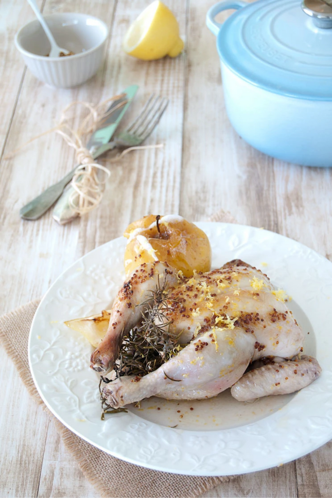 Picantones con mostaza, miel y limón