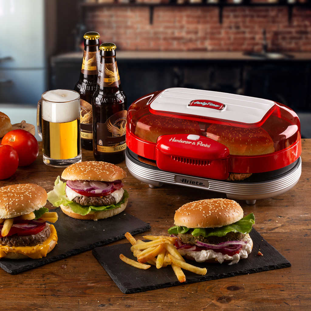 Ariete Hamburger Maker Party Time - Piastre Doppie Antiaderenti, 1200W, Rosso Anni '50 - Foto 9