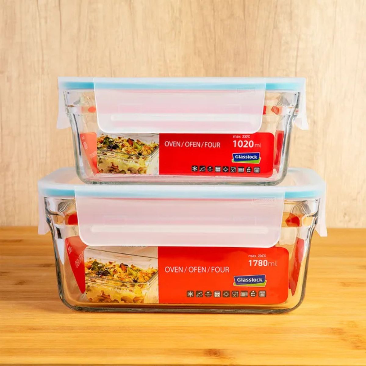 Glasslock Oven Smart - Set de 3 Recipientes Rectangulares de 0.4L, 0.7L y 1L en Vidrio Templado Glasslock Oven Smart - Set de 3 Recipientes Rectangulares de 0.4L, 0.7L y 1L en Vidrio Templado