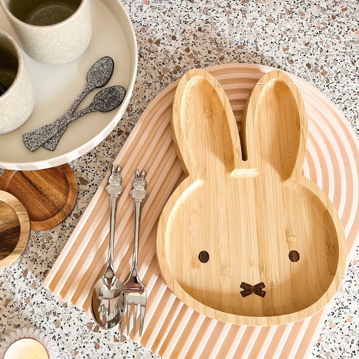 Bambusteller-Set mit Löffel und Gabel aus Edelstahl Miffy Zilverstad