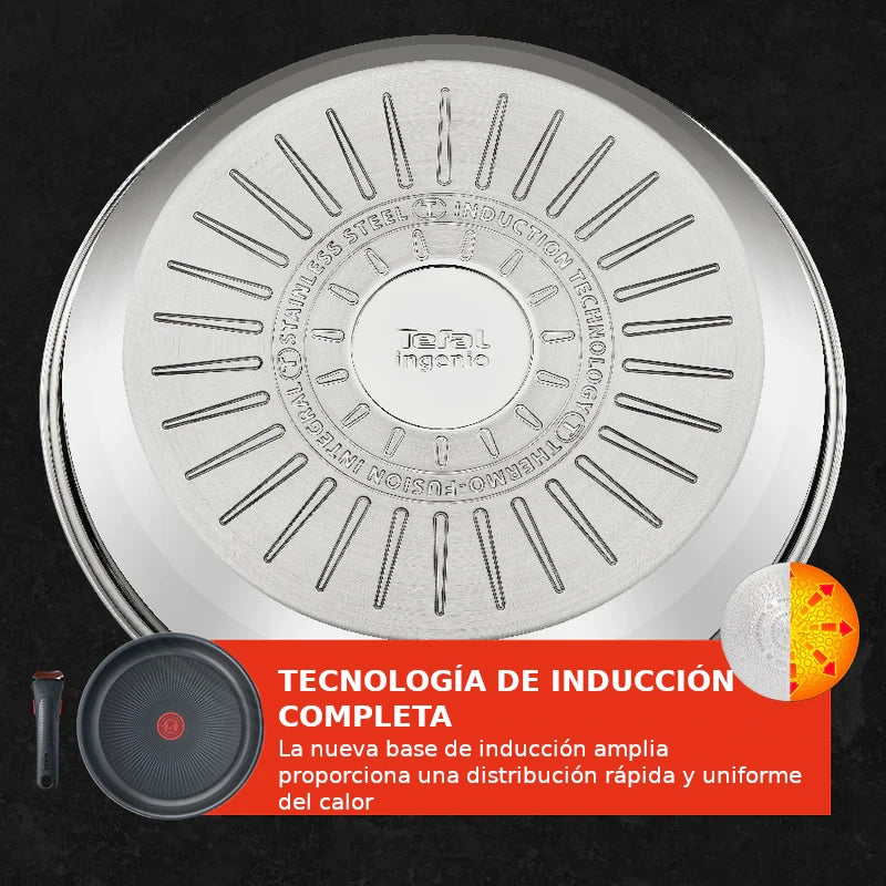 Set de sartenes  Tefal Ingenio Emotion L8974S45, 22, 24 y 28 cm, Mango  Extraíble, Revestimiento Titanio Antiadherente, Tecnol. Thermo-Signal™, Inox
