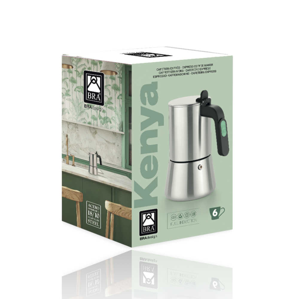 Cafetière Italienne BRA Kaffe - 6 Tasses, Acier Inoxydable, Induction, Design Noir Et Cuivre