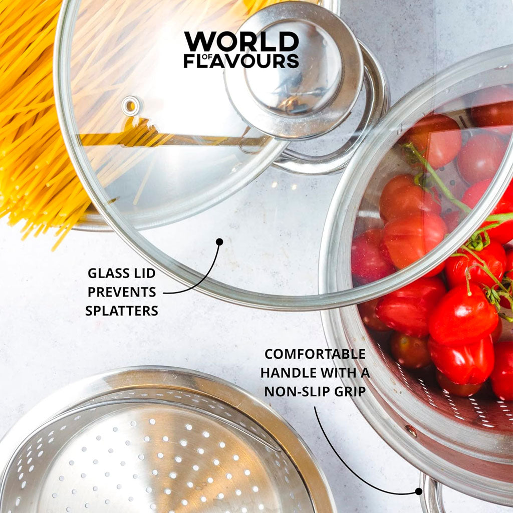 Colador de cocina de acero inoxidable para espagueti, colador de alimentos  para verduras, pasta y verduras, se adapta a todas las macetas de hasta 10