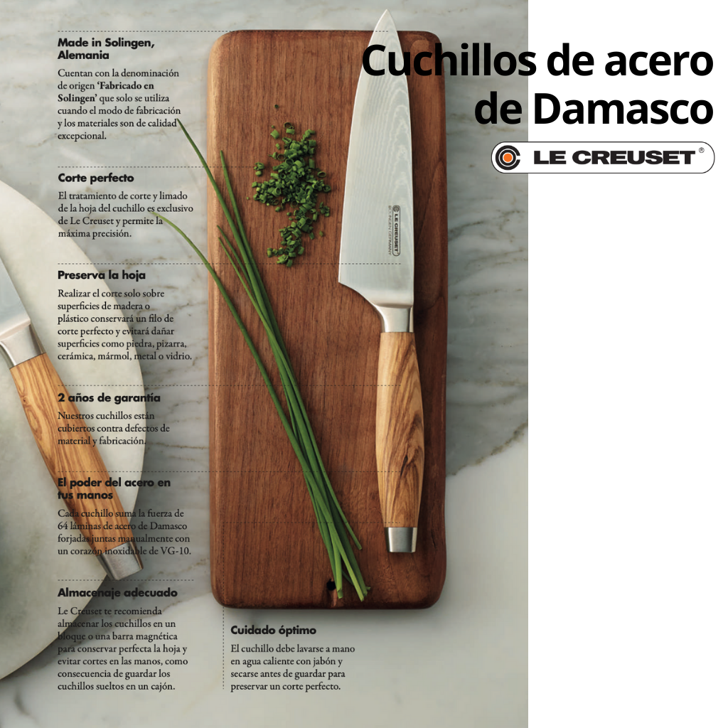 Cuchillos Le Creuset de acero damasco con mango de madera de olivo-